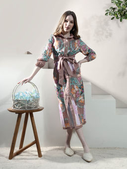 AAREIN - Women Brown Floral Shirt Midi Dress