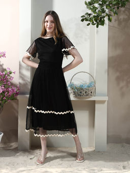 AAREIN - Women Black Cotton Dobby A-Line Midi Dress