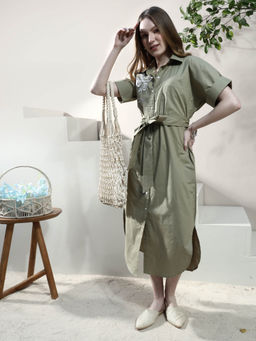 AAREIN - Women Olive Embroidered Cotton Shirt Midi Dress