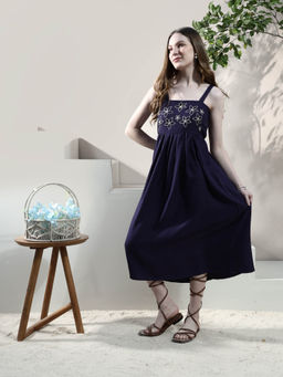 AAREIN - Women Purple Embroidered Linen Midi Dress