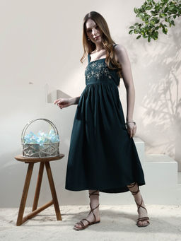 AAREIN - Women Green Embroidered Linen Midi Dress