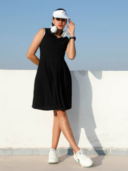 AAREIN - Women Black Solid Pleated Knee Length Dress