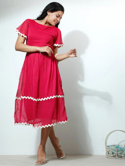 AAREIN - Women Fuchsia Dobby Lace Midi Dress