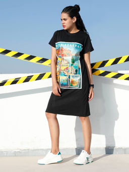 AAREIN - Women Black Graphic Printed T-Shirt Knee Length Dress