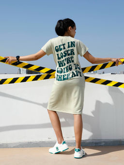 AAREIN - Women Beige Graphic Printed T-Shirt Knee Length Dress