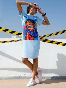 AAREIN - Women Blue Graphic Printed T-Shirt Knee Length Dress