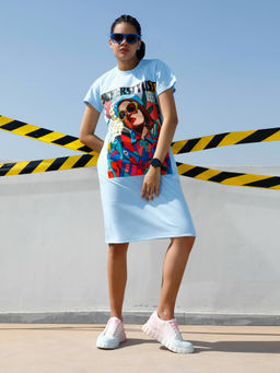 AAREIN - Women Blue Graphic Printed T-Shirt Knee Length Dress