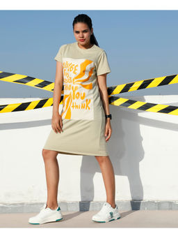 AAREIN - Women Beige Graphic Printed T-Shirt Knee Length Dress