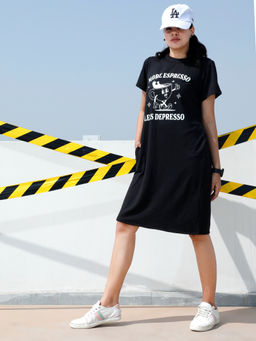 AAREIN - Women Black Graphic Printed T-Shirt Knee Length Dress