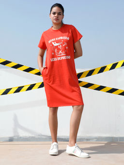 AAREIN - Women Rust Graphic Printed T-Shirt Knee Length Dress