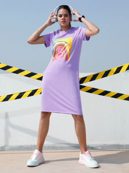 AAREIN - Women Lavender Graphic Printed T-Shirt Knee Length Dress