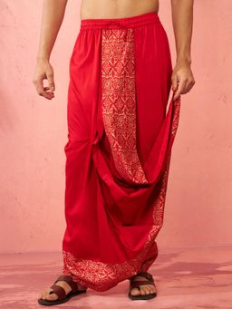 Vastramay - Red Viscose Dhoti with Border Print for Men