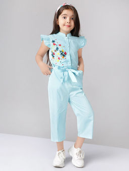 Hopscotch - Girls Blue Floral Print Sleeveless Pant Jumpsuit ()