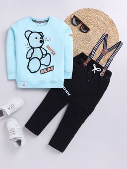 Hopscotch - Boys Blue and Black Teddy Bear Print T-Shirt and Pant Set with Suspender