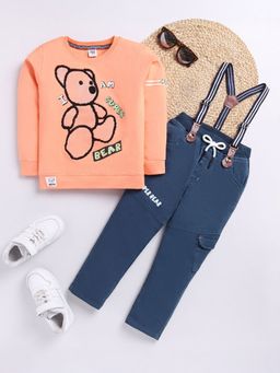 Hopscotch - Boys Peach and Blue Teddy Bear Print T-Shirt and Pant Set with Suspender