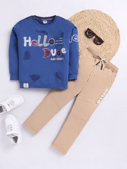 Hopscotch - Boys Blue and Beige Text Print T-Shirt and Pant Set