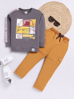 Hopscotch - Boys Grey and Mustard Car Print T-Shirt and Pant Set