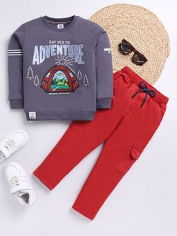 Hopscotch - Boys Grey and Red Text Print T-Shirt and Pant Set