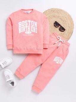 Hopscotch - Boys Pink Text Print Cotton Sweatshirt and Joggers Set