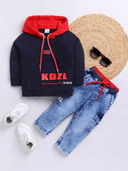 Hopscotch - Boys Navy and Blue Text Print Hooded Sweatshirt and Jeans Set