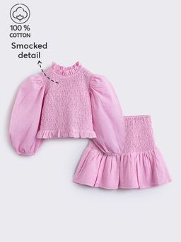 Hopscotch - 2-Piece Balloon Sleeve Smocked Blouse and Skirt