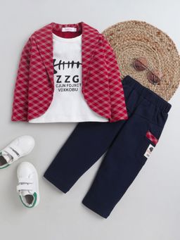 Hopscotch - Boys Red Checkered Jacket Attached T-Shirt and Pant Set