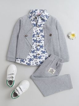 Hopscotch - Boys Grey Floral Print Shirt with Attached Jacket and Pant Set