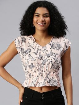 SHOWOFFFF - Women Sweetheart Cap Printed Peach Crop Top