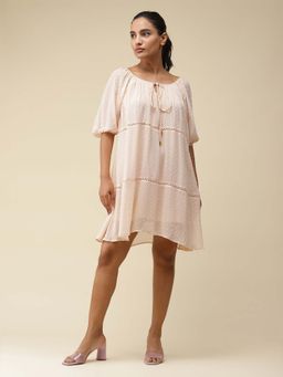 Label Ritu Kumar - Peach Tie-up Short Dress with Lace Inserts