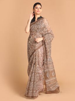 Indethnic - Brown Printed Super Net Saree with Unstitched Blouse