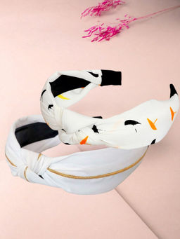 OOMPH - Pack Of 2 White and Gold Satin Silk Print Knotted Hair Band