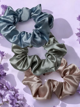 OOMPH - Pack Of 3 Blue, Grey and Nude Beige Satin Silk Scrunchies