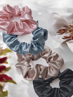 OOMPH - Pack Of 4 Black, Pink, Blue, Nude Beige Satin Silk Scrunchies