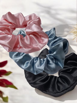 OOMPH - Pack Of 3 Black, Pink and Blue Satin Silk Scrunchies