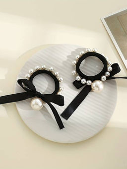 OOMPH - Pack Of 2 Black Nylon White Big Pearl Rubber Bands for Women