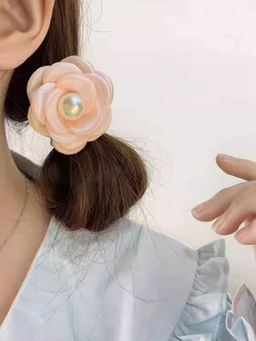 OOMPH - Pink Floral Pearls Rubber Band Hair Band for Women