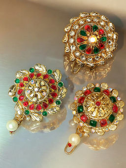 OOMPH - Pack Of 3 Red Maroon and Green Stones Hair Bun Pins Floral Design with Pearls