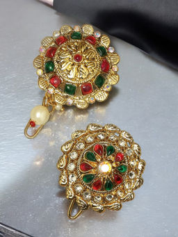 OOMPH - Pack Of 2 Red Maroon and Green Stones Hair Bun Pins Floral Design with Pearls