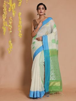 CHARUKRITI - Off White Tissue Handwoven Motifs & Green Pallu Saree with Unstitched Blouse