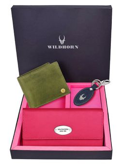 WILDHORN - Premium Leather Ladies Wallet, Mens Wallet and Keychain Gift -1K_RO_2052GNH_K (Set of 3)