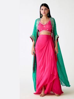 Basanti Kapde aur Koffee - Green Georgette Embroidered Lehnga Set with Cape