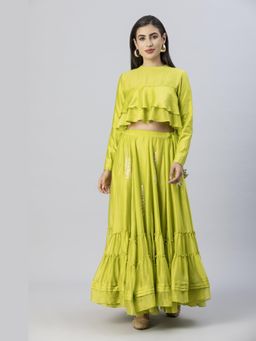 Tanu Malhotra - Lime Green Bohemian Lehenga Top with Skirt