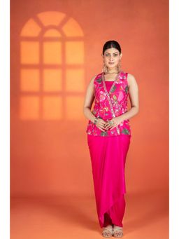 Tanu Malhotra - Fuchsia Floral Printed Hand-Embroidered Jacket with Bustier and Skirt