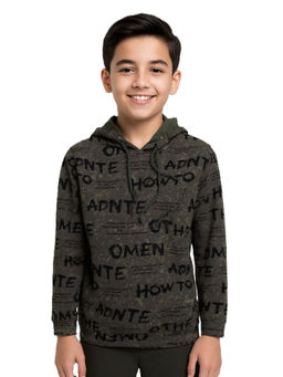 CAVIO - Boys Green Cotton Typography Full Sleeves Hoodie
