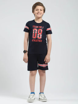 Monte Carlo - Boys Navy Blue Printed Round Neck T-Shirt with Bermuda (Set of 2)