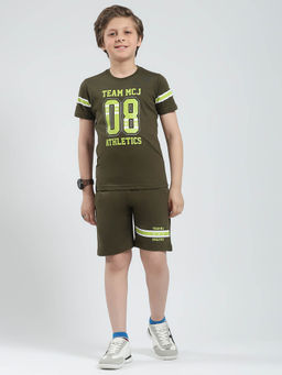Monte Carlo - Boys Olive Printed Round Neck T-Shirt with Bermuda (Set of 2)