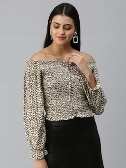 SHOWOFF - Women Off Shoulder Balloon Sleeve Animal Print Beige Top