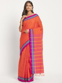 Fabindia - Orange Cotton Woven Saree without Blouse