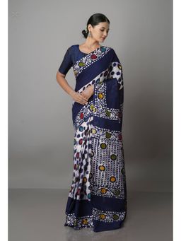 Unnati Silks - Navy Blue Pure Batik Kota Cotton Saree with Unstitched Blouse