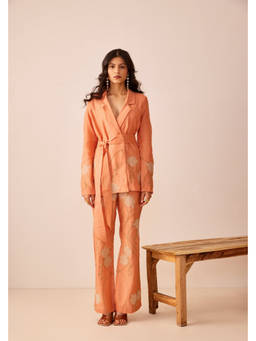 THE RIGHT CUT - Peach Chanderi Silk Hand Embroidered Blazer